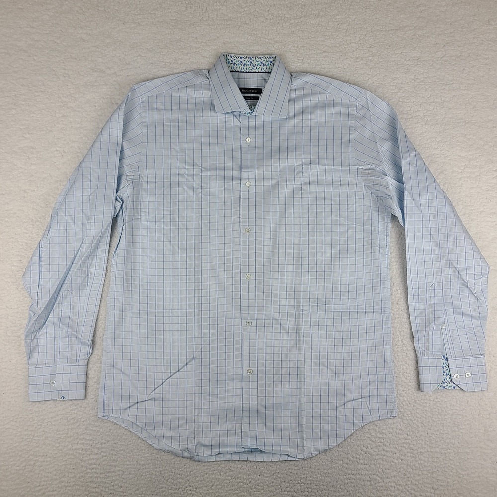 BUGATCHI Shirt Mens Large Blue Check Geometric Classic Fit Dress Button Up